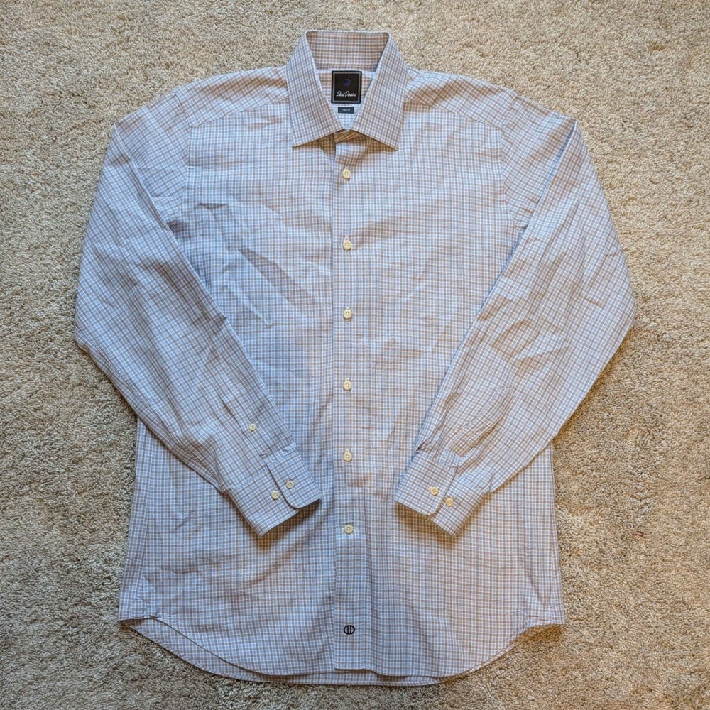 David Donahue Dress Shirt Mens 16 34/35 Blue Brown Check Trim Fit Cotton